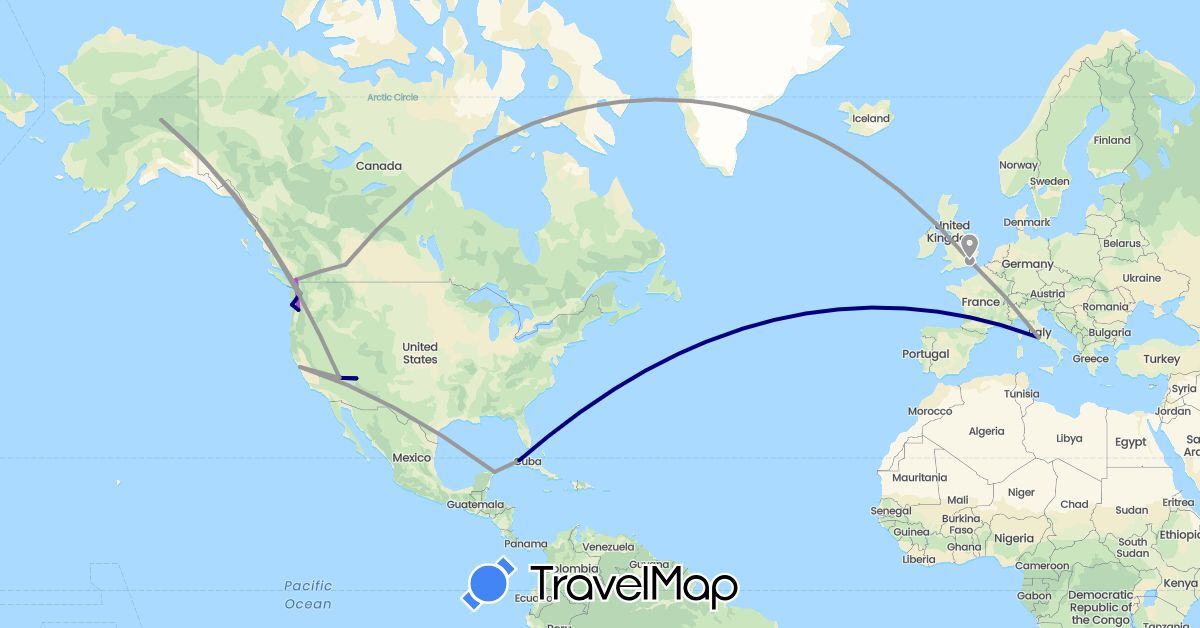 TravelMap itinerary: driving, plane, train in Canada, Cuba, United Kingdom, Italy, Mexico, United States (Europe, North America)